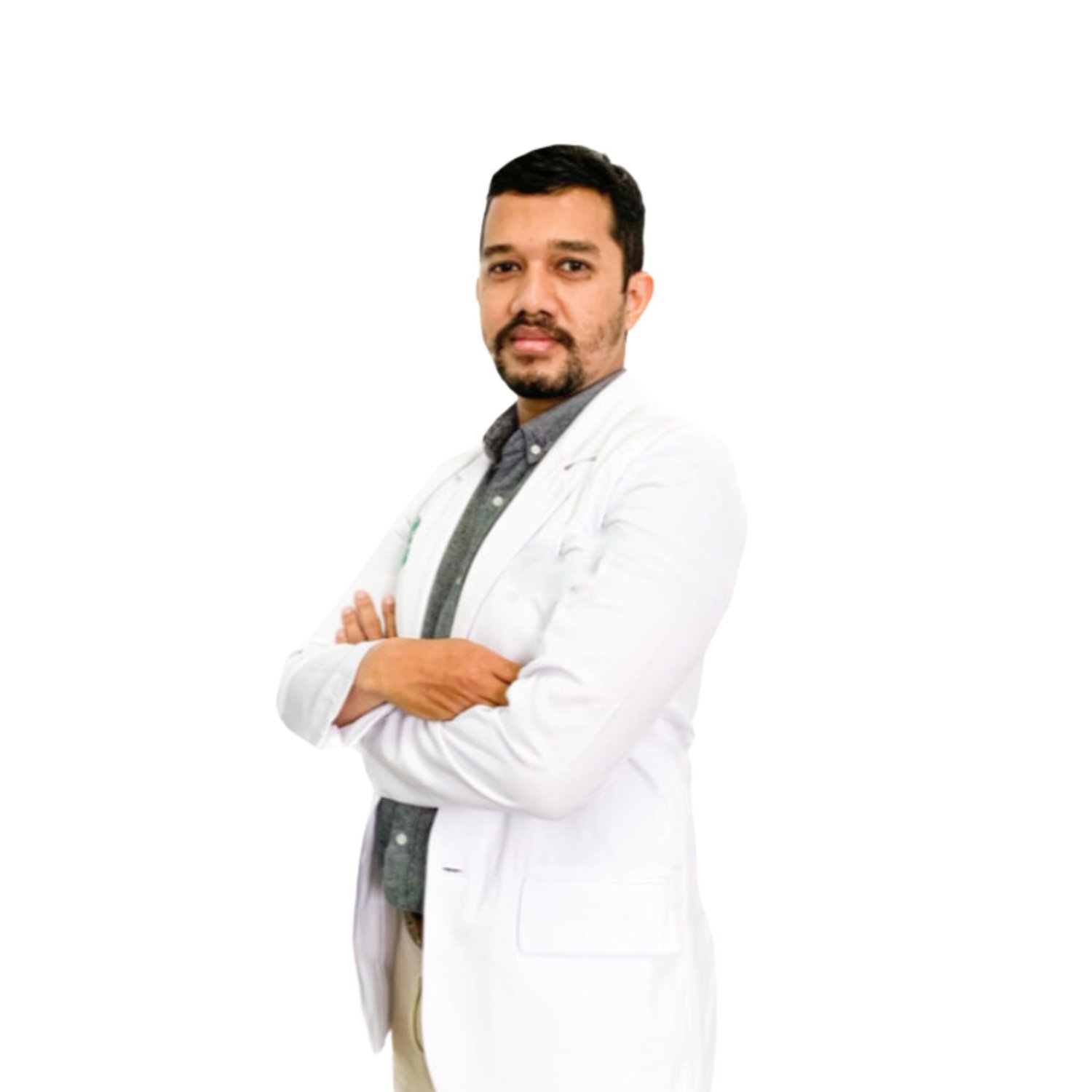 Doctor in white coat, confident pose.
